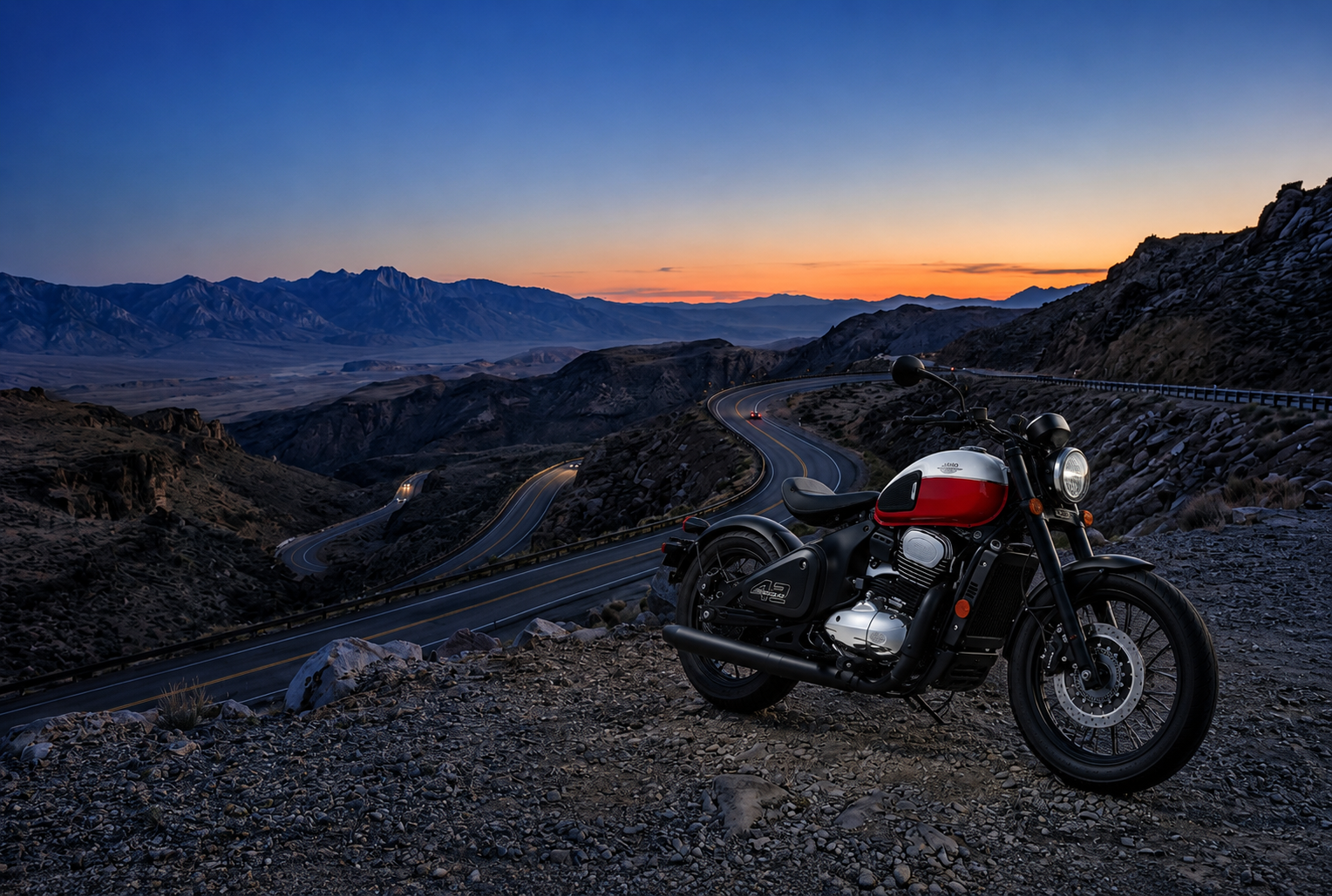jawa motorcycle on a mountain road
